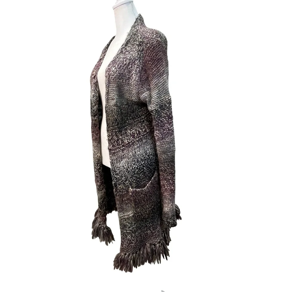 Lucky‎ Brand Womens Purple Chunky Knit Fringe Longline Cardigan Duster Boho Sz M